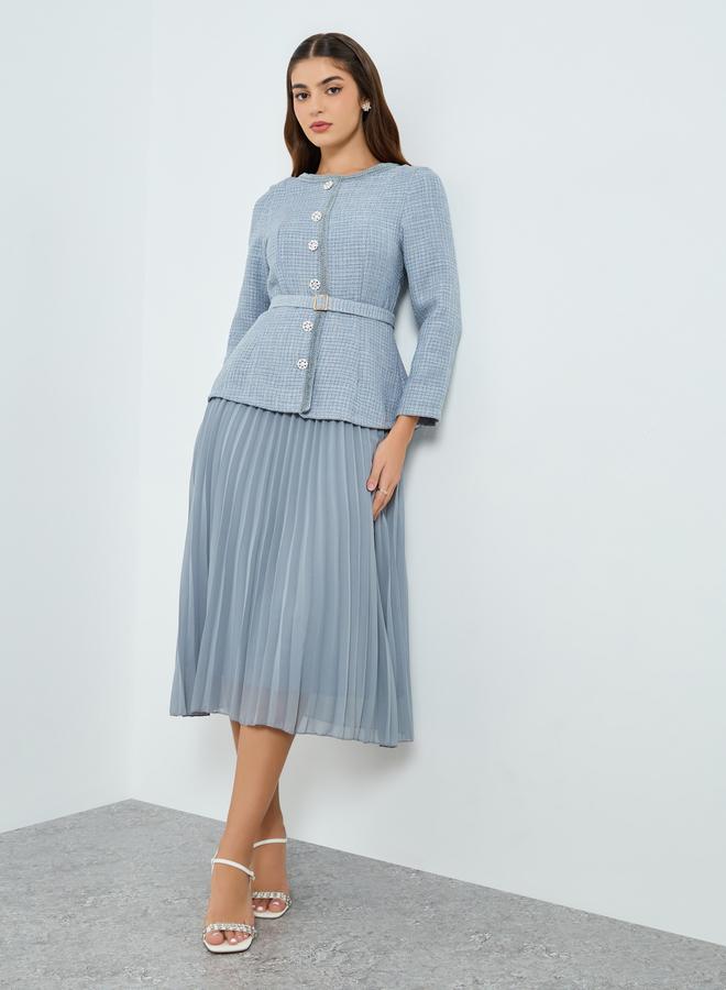 Styli Women Blue Tweed Midi Dress with Belt - Image 1